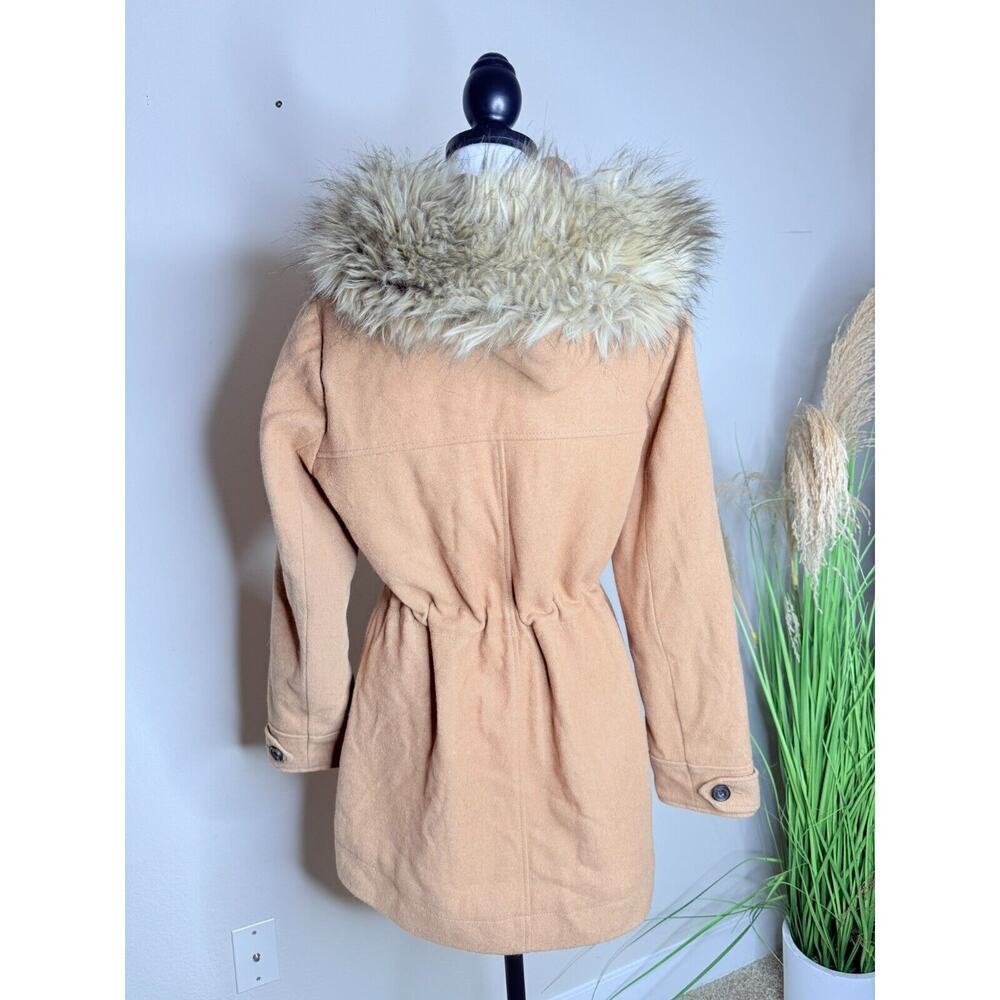 Abercrombie & Fitch Hooded Fur Trim Wool Toggle Peacoat Parka Womens M Camel Tan - Picture 3 of 13